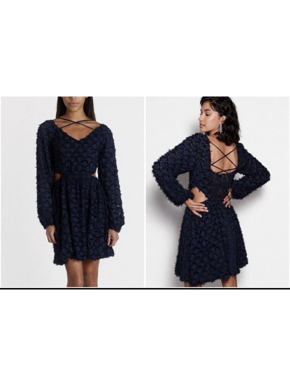 CURRENT AIR Mini Dress Navy Blue Long Sleeve 3D Smocked Cut Out M NEW